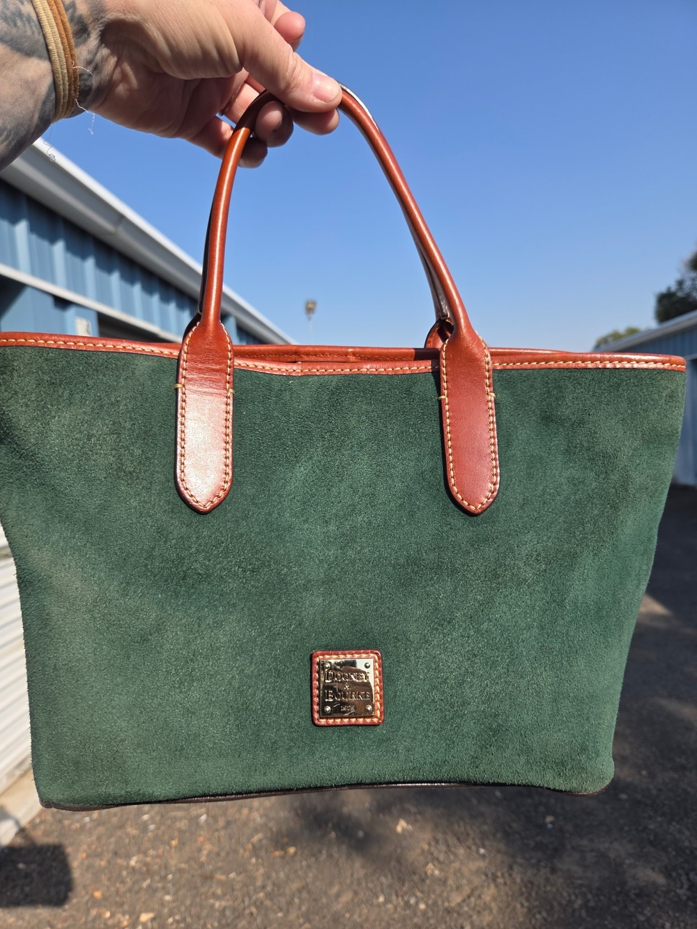 Dooney & Bourke Green Suede Tote with Brown Leather Trim